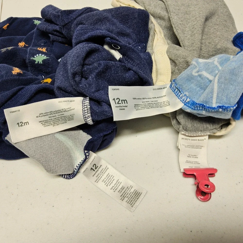Carter's Burt's Bees Romper Bodysuit Lot Baby Boys 12M Blue Grey Dino Shark Bee